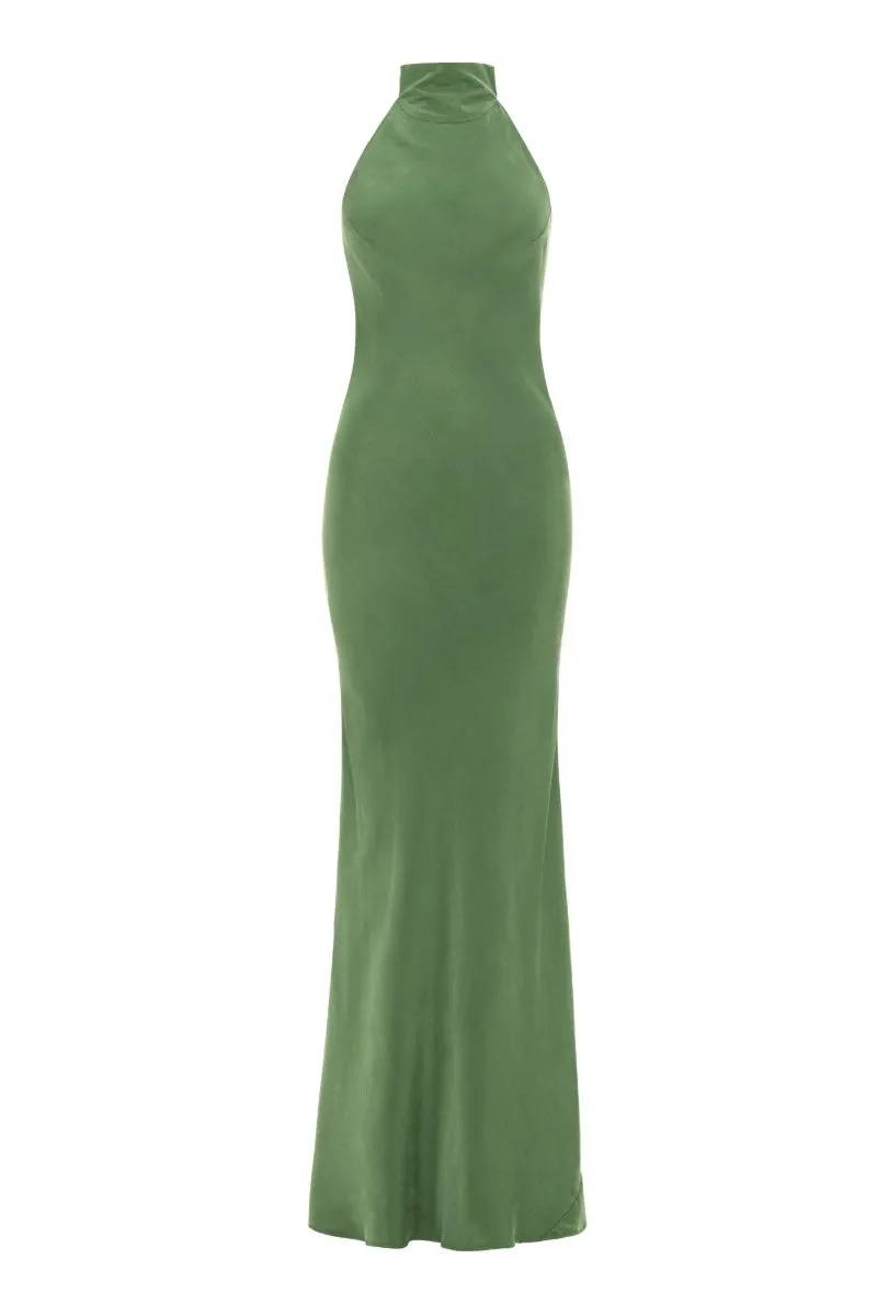AQUAFLORA HALTER NECK SLIP DRESS IN MOSS