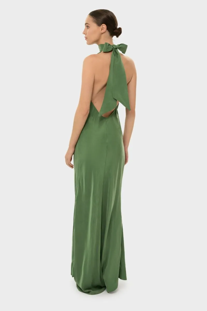 AQUAFLORA HALTER NECK SLIP DRESS IN MOSS