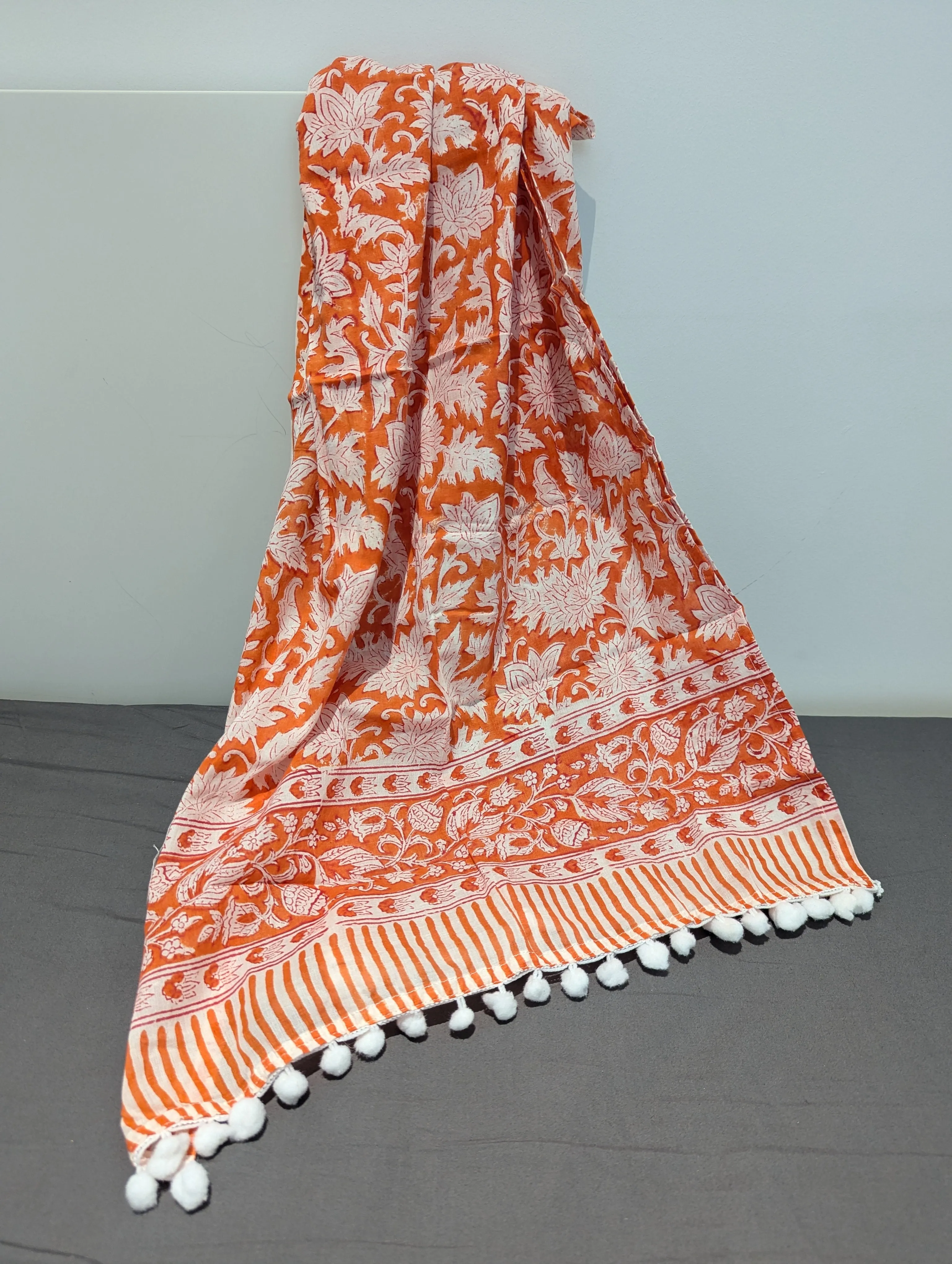 Block Printed Cotton Scarf (white poms)
