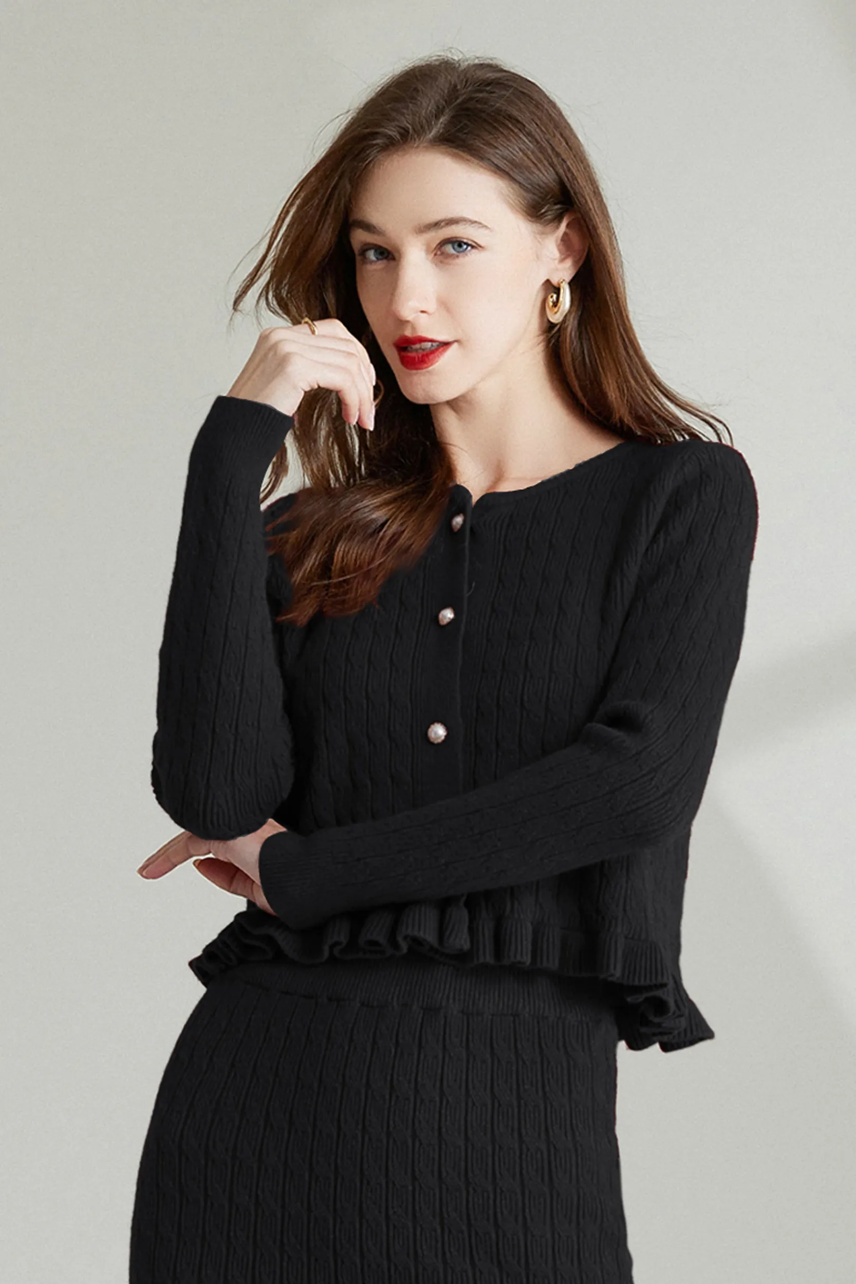 Constance Cable Knit Pearl Button Sweater Cardigan
