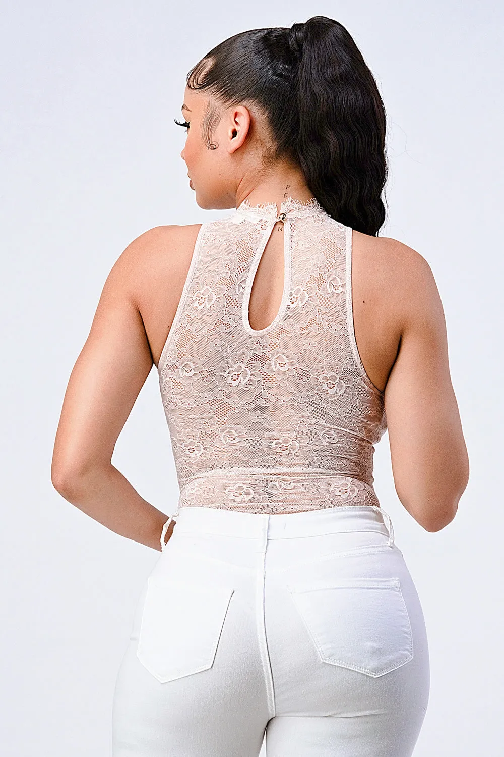 LUX SWEETHEART LACE MOCK NECK CONTRAST BODYSUIT