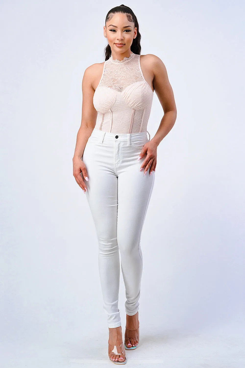 LUX SWEETHEART LACE MOCK NECK CONTRAST BODYSUIT