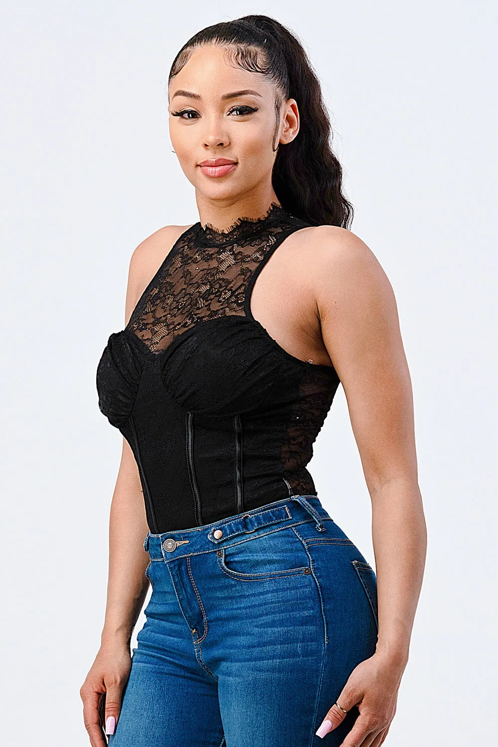 LUX SWEETHEART LACE MOCK NECK CONTRAST BODYSUIT