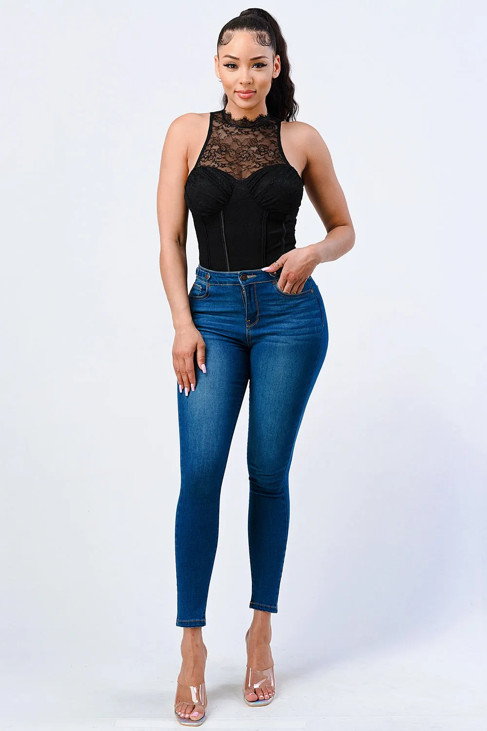 LUX SWEETHEART LACE MOCK NECK CONTRAST BODYSUIT
