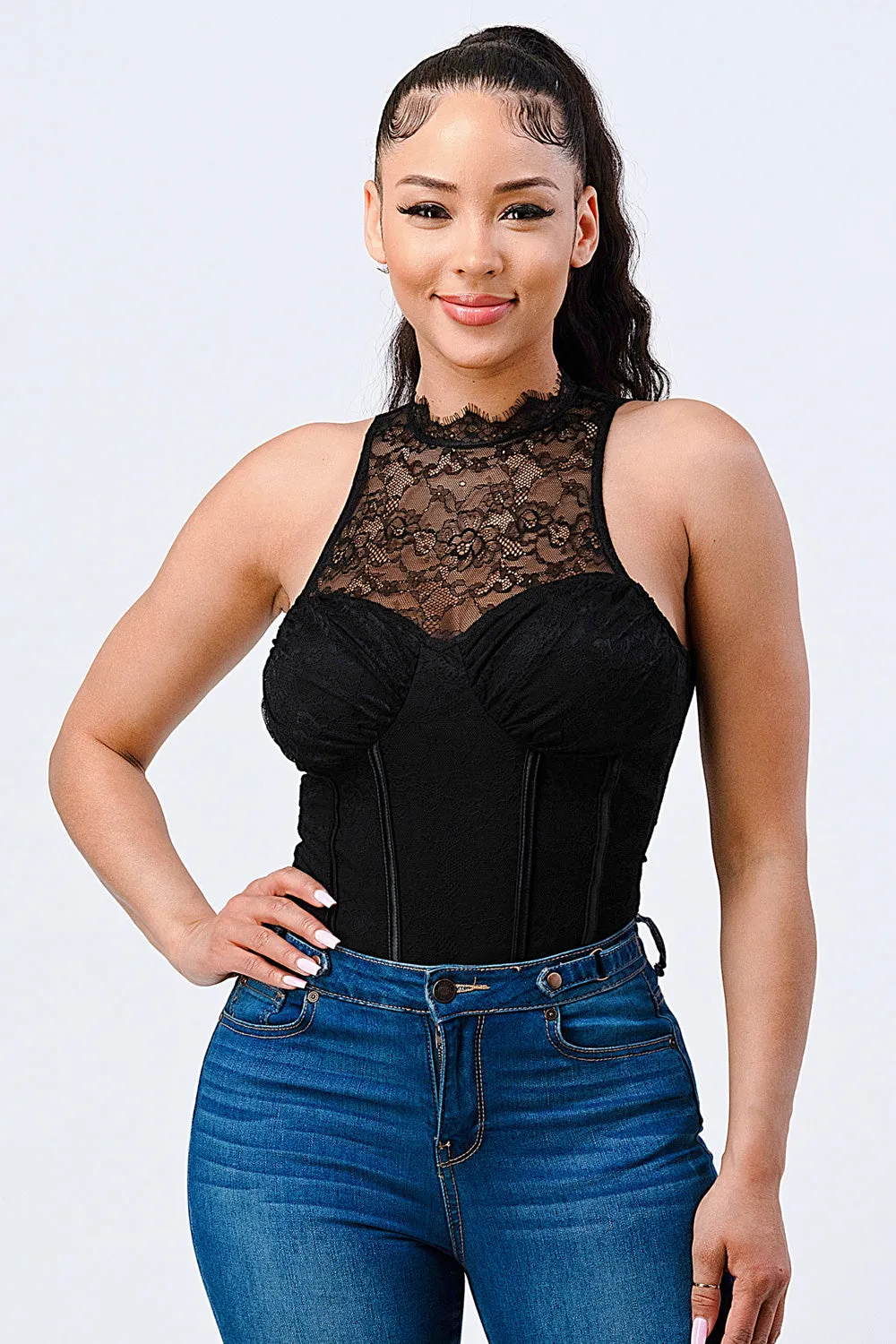 LUX SWEETHEART LACE MOCK NECK CONTRAST BODYSUIT
